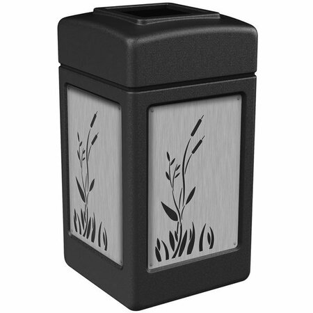 COMMERCIAL ZONE CZ 733961 42 Gallon Black Square Trash Receptacle with Stainless Steel Cattail Panels 278733961
